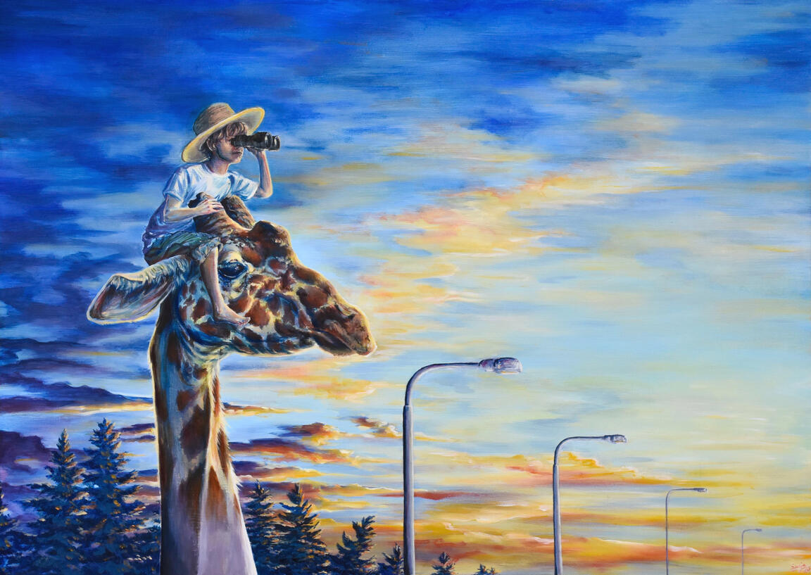 Oman auringonlaskunsa metsästäjä "Hunter of his own sunset" Oil on panel 50 x 70 cm, 2023