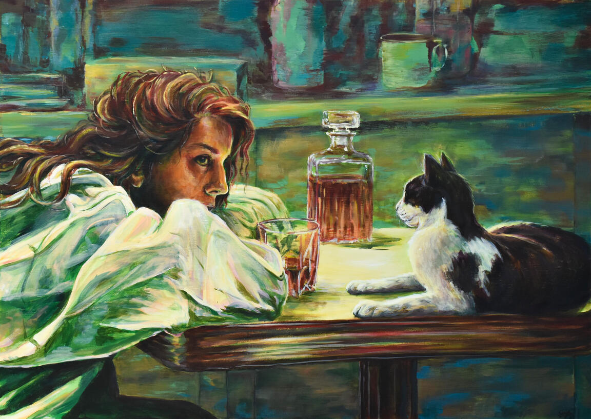 Kuuntelijani tyyni ja tuomitsematon "My listener calm and non-judgmental" Acrylic on panel 50 x 70 cm, 2023