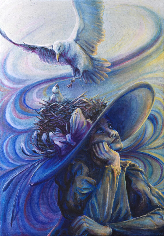 Mielihaja "Mind-absent" Cyanotype, marker and acrylic on canvas 59 x 42 cm, 2022
