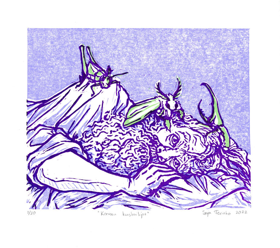 Korvaan kuiskailijat "Ear whisperers"\ Relief print 2022